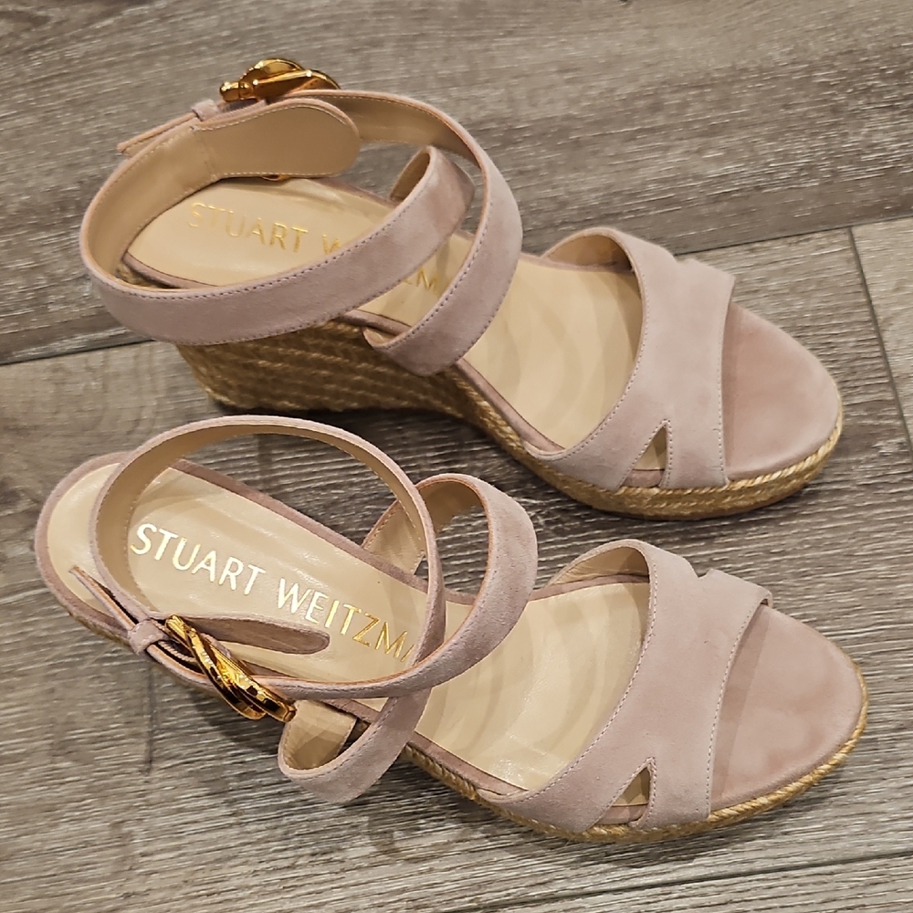 [NEW] Stuart Weitzman Beige Pink Espadrille Wedge Heeled Sandals Zuzu Buckle - Picture 6 of 10